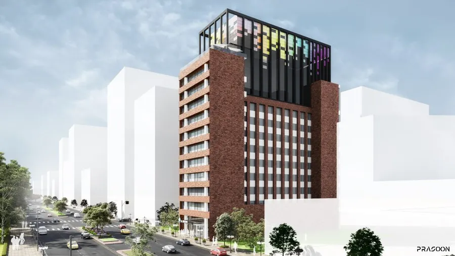 Tru by Hilton hotel with brick and coloured-fin facade