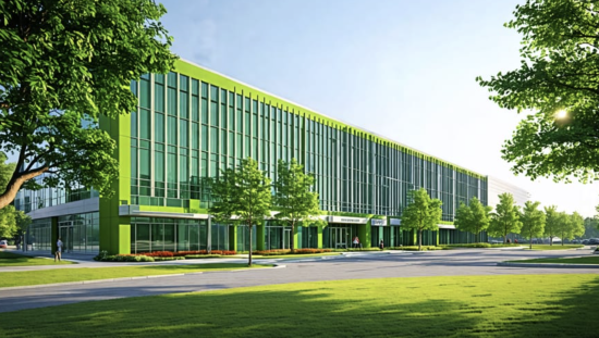 Modern office lobby with greenery and natural light showcasing biophilic design