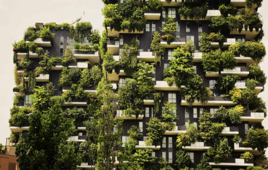 Modern sustainable building with glass facade and green landscaping, representing low embodied carbon construction