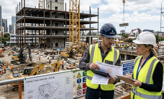 Team of project managers and architects reviewing contractor tenders around a conference table with digital tools and blueprints.