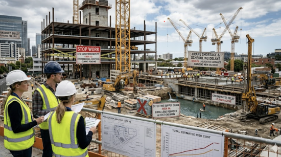 Architects and engineers collaborating over blueprints at a construction site, discussing value engineering strategies.