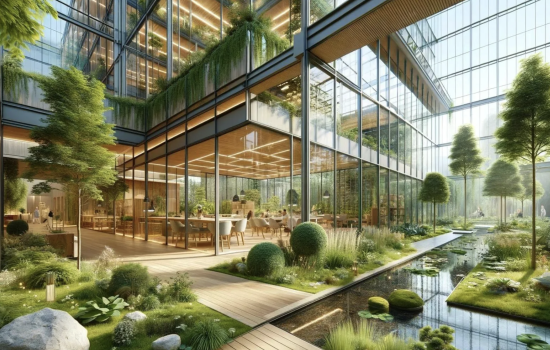 Hotel project architectural plans and models under review by a project management team