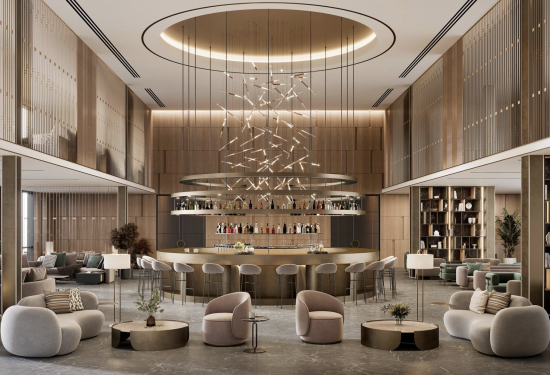 A modern branded residence development with luxury amenities, surrounded by city skyline.