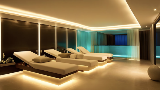 Modern architectural space illuminated by creative lighting design highlighting textures and forms.